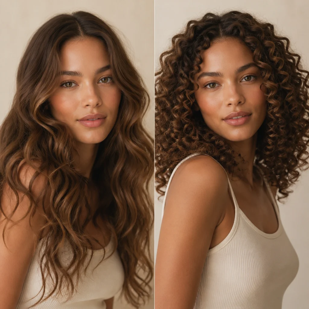 Two-look beauty portrait contrasting airy soft waves with structured glossy curls, editorial warm lighting