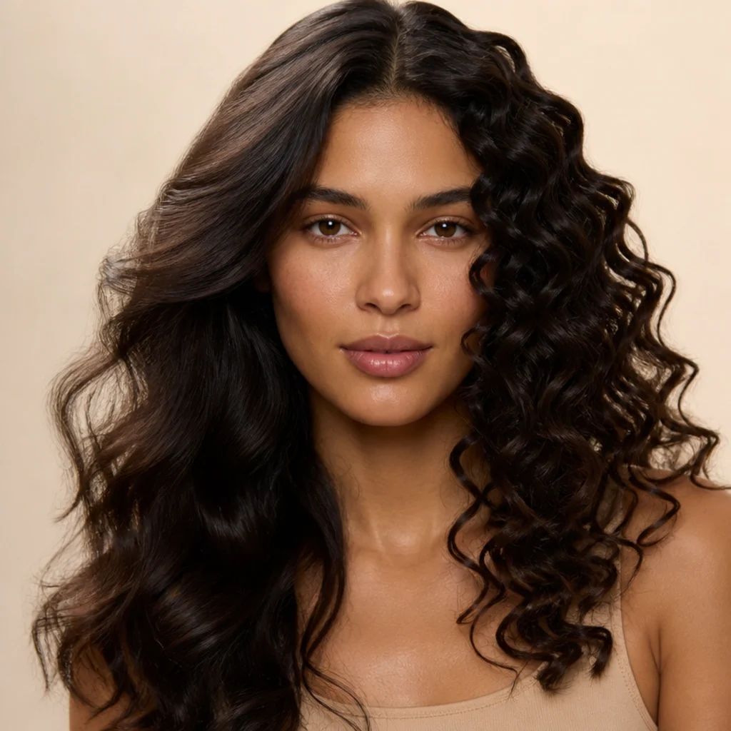 Split-style beauty portrait of a model with soft airflow-styled waves on one side and defined heated curls on the other, warm ivory studio backdrop