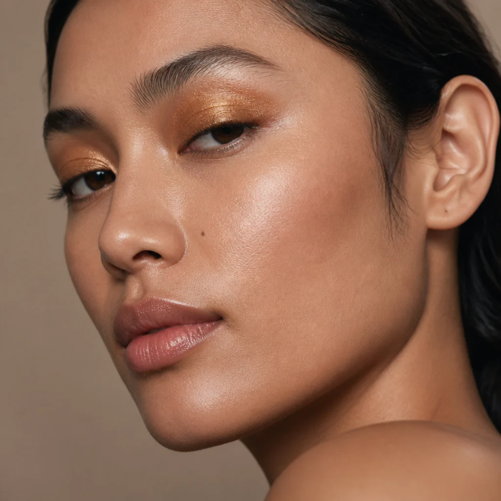 Three-quarter view of a golden-bronze cream shadow washed across the full mobile lid on medium-tan skin, edges pressed soft