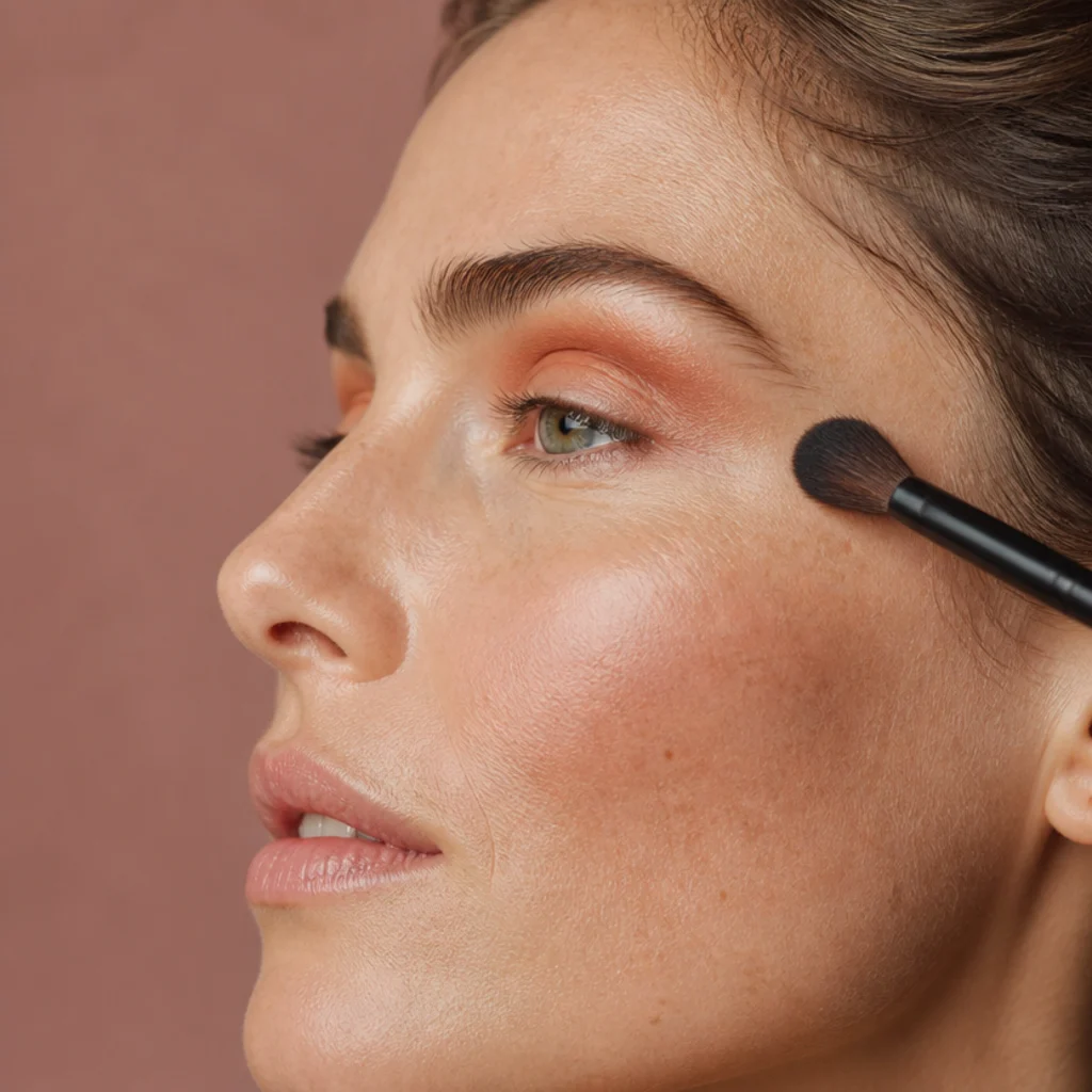 Side profile showing a warm reddish-brown powder blurred into the crease with a fluffy blending brush, lid left clean