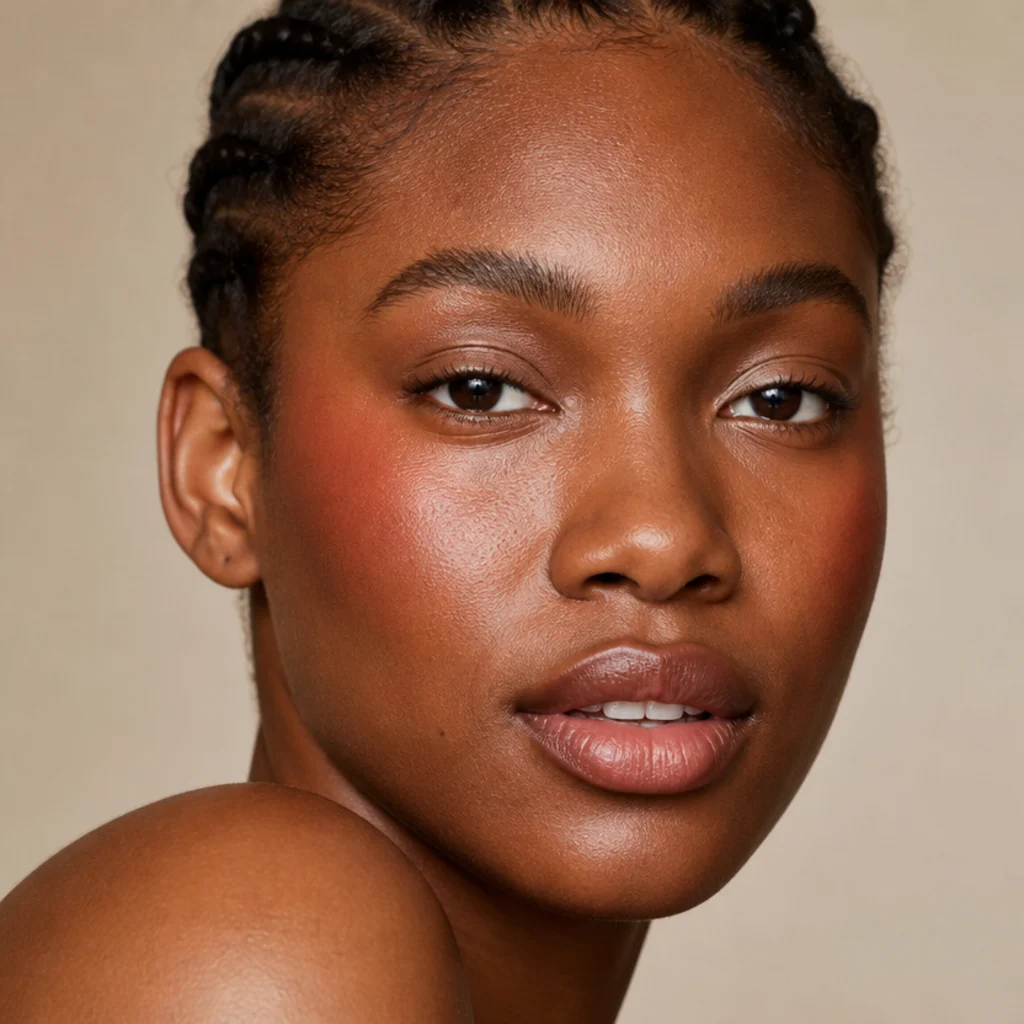 Front view of terracotta blush swept from the cheek apple up toward the temple in a soft lifted drape