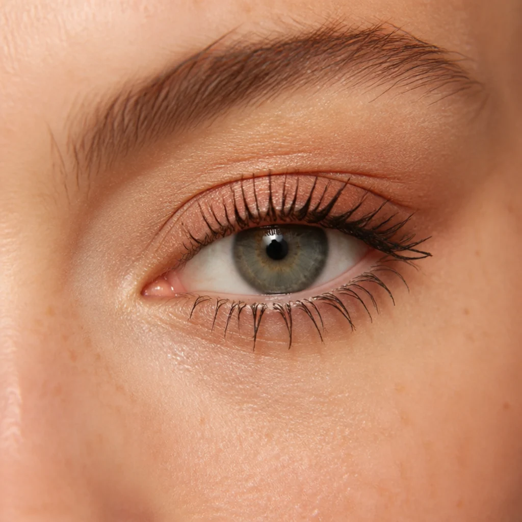 Close-up of individually separated lower lashes coated with soft brown mascara on light skin, each lash distinct