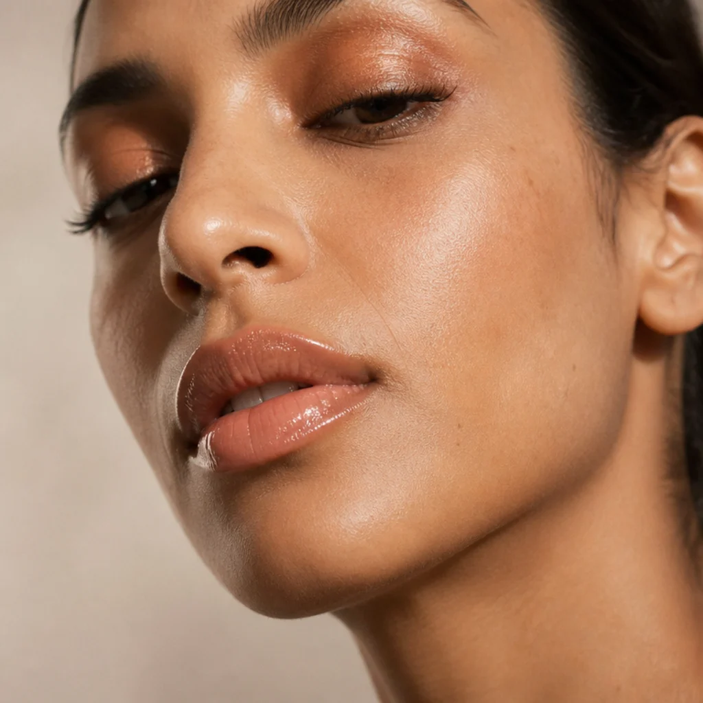 Three-quarter view of glossy sheer peach lips catching directional light on medium skin