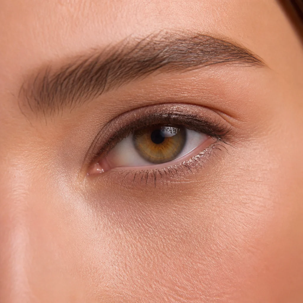 Macro of a soft brown pencil tightlined along the upper waterline, eye open, lashes framed