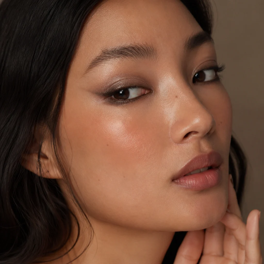 Side angle of a sleek satin taupe lid with a subtle elongated outer shape, clean and dramatic