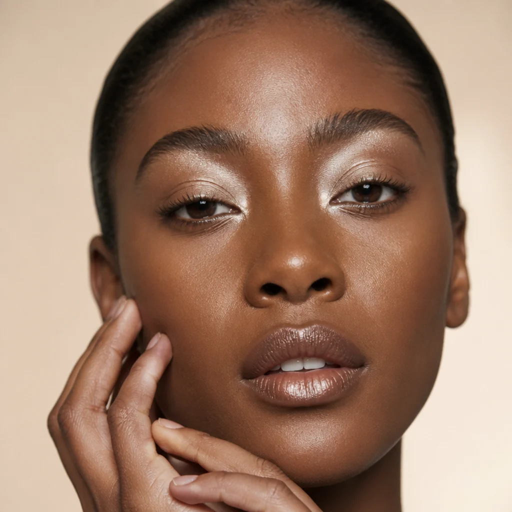 Front view of frosted pearl-white shimmer pressed onto the inner corner and just under the brow bone