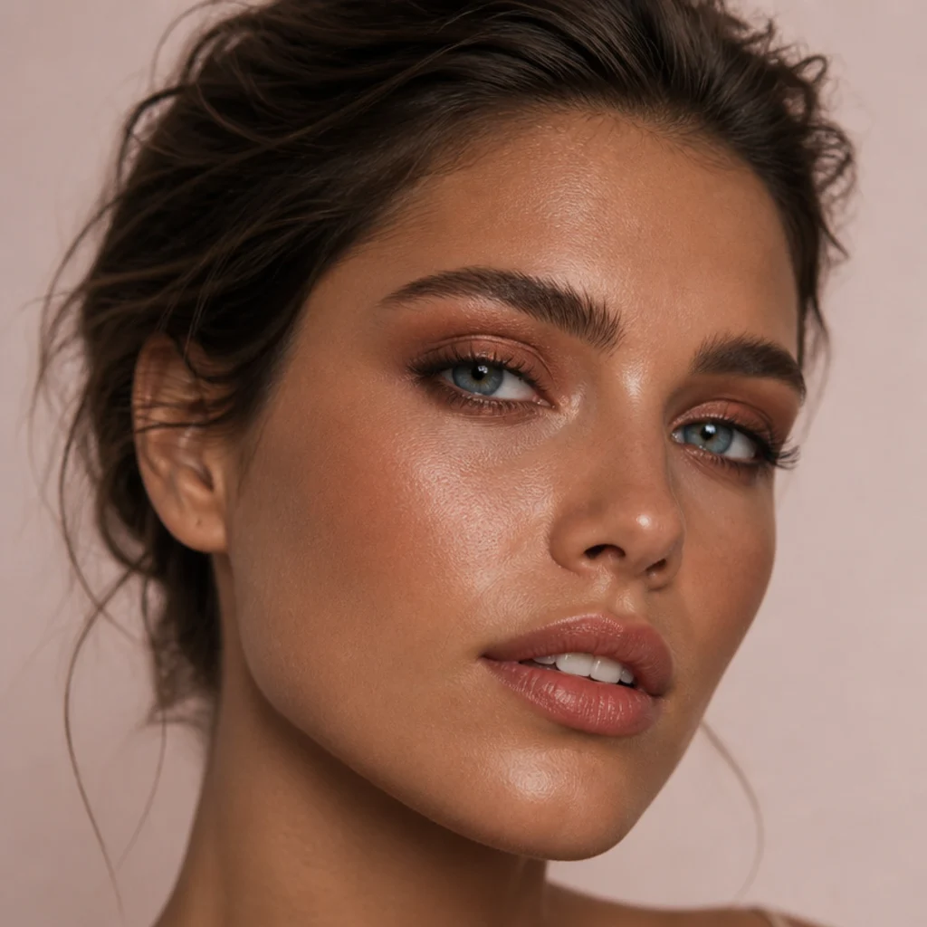 Three-quarter view of a soft copper smoky eye buffed out at the edges into a warm haze on tan skin