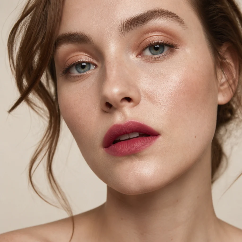 Close-up of a blotted berry lip stain with a soft matte edge on fair skin, lived-in finish
