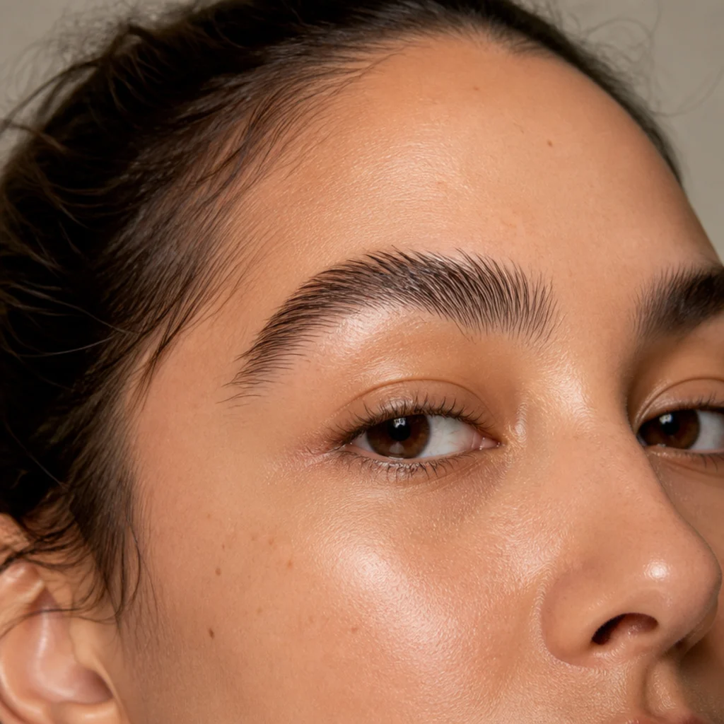Macro of a full natural brow brushed upward and outward with clear grooming gel, hairs feathered