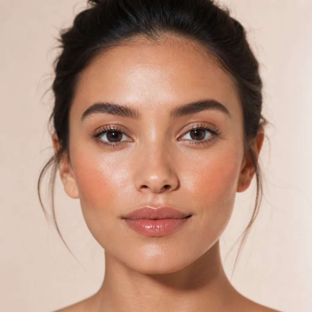Front view of sheer peach cream blush tapped high on the cheekbones for a lit-from-within glow