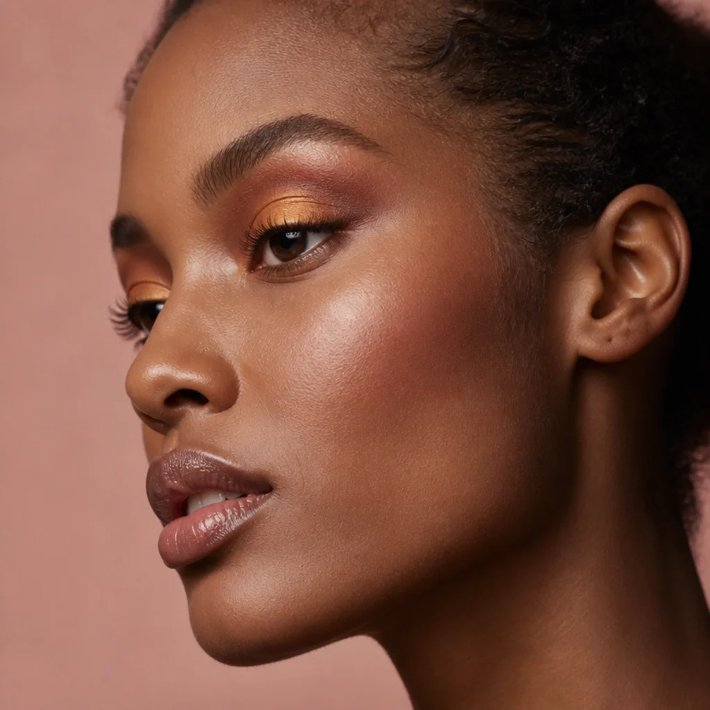 Side profile of a mustard-gold shadow patted onto the center of the lid, catching the light, russet framing the edges