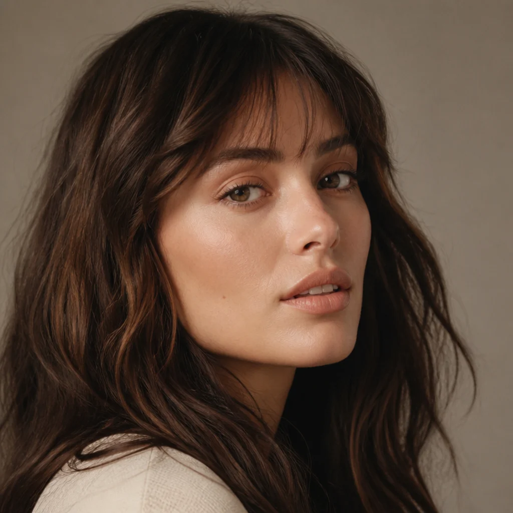 Three-quarter view of a soft warm-beige matte lid with brown lashes and a nude-peach lip, minimal and earthy