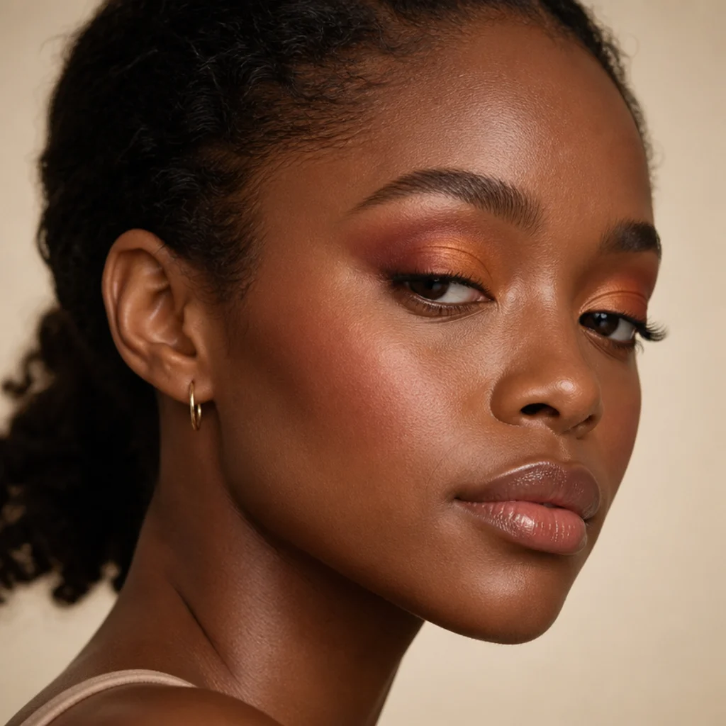 Back-tilted three-quarter view of a bronze-to-russet gradient blended across the full lid on deep skin