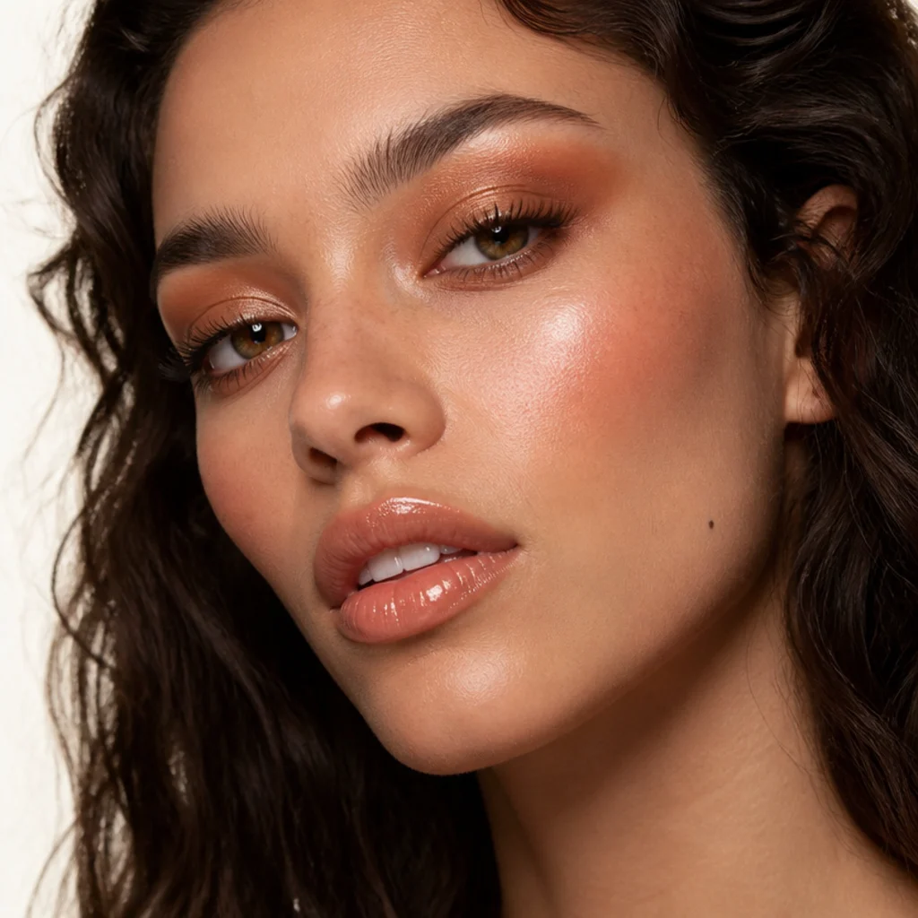 Model with warm bronze eyeshadow, feathered lashes, and glossy peach lips in soft studio light