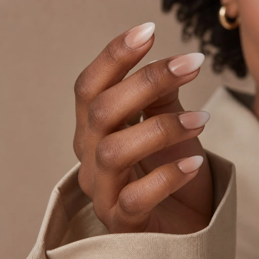 Almond nails with a diffused white blooming gel french tip feathering into a nude base on a warm taupe background
