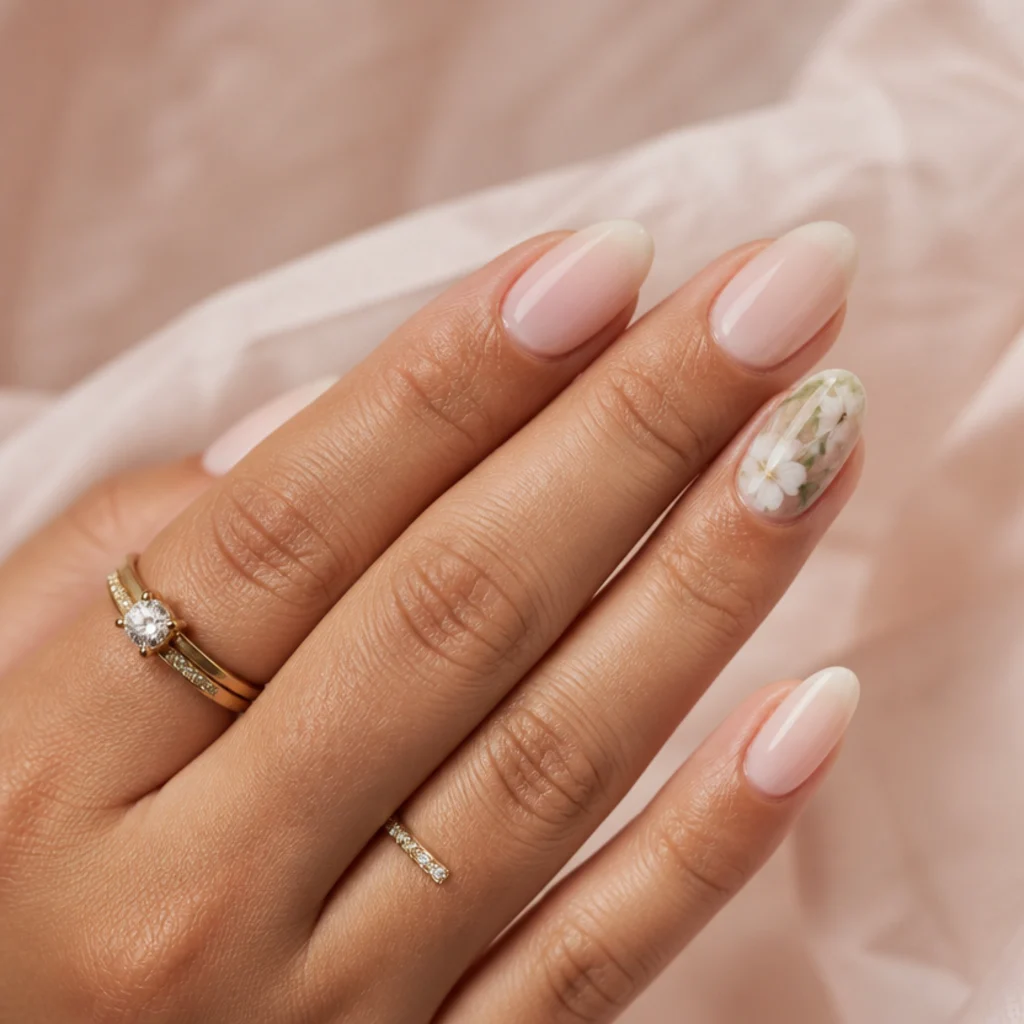 Medium almond nails with one accent nail showing loose white and sage-green watercolor wildflowers made with blooming gel