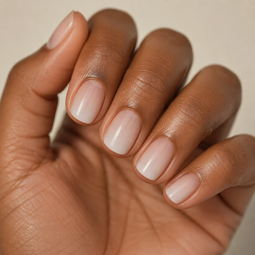 Short round nails with a milky white blooming gel ombre fading from the tips into a clear base on an ivory background