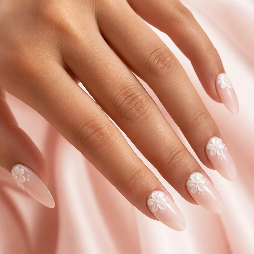 Long almond nails with raised white 3D blooming gel petals clustered near the cuticle on a muted blush background