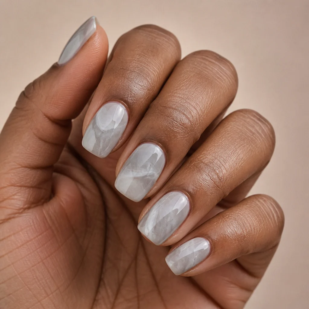 Squoval nails with smoky white and grey blooming gel marble swirls on a warm taupe editorial background