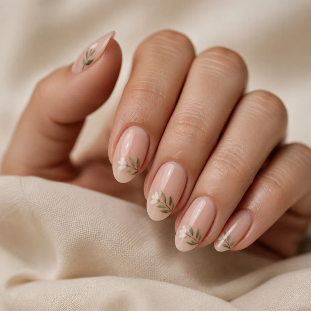Almond nails with negative space and delicate white and green blooming gel leaves trailing from the cuticle on ivory