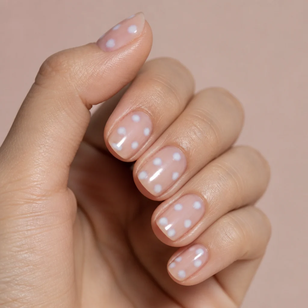 Short squoval nails with soft-edged white blooming gel polka dots on a sheer nude base against a warm blush background