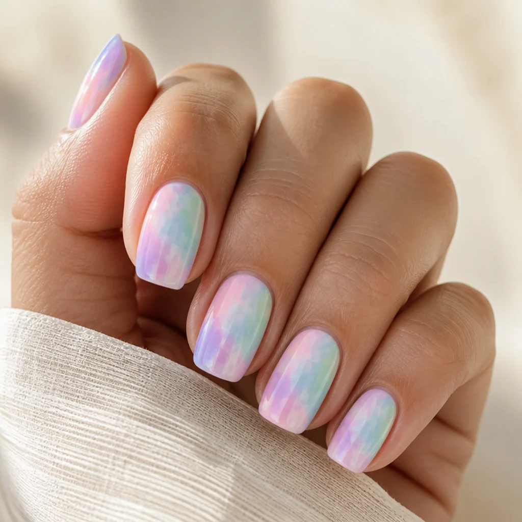 Medium squoval nails with pastel pink, lilac, and mint blooming gel bleeding softly together on an ivory background