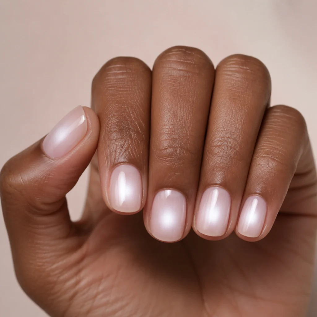 Round nails with a glowing white aura blooming from the center over a sheer pink base in soft blush editorial lighting