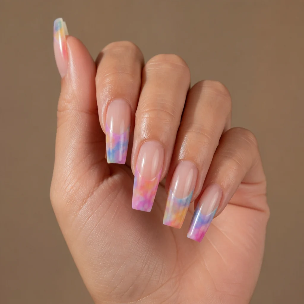 Coffin nails with multicolor tie-dye blooming gel concentrated at the tips fading to a clear base on warm taupe