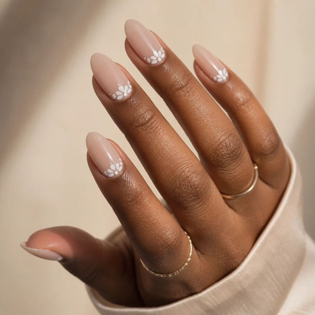 Almond nails with a white blooming gel floral half-moon at the base of each nail over a nude base on an ivory background