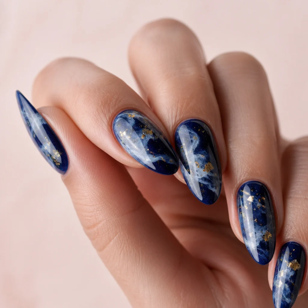 Long almond nails with a deep navy base, white blooming gel nebula, and tiny gold foil flecks on a muted blush background