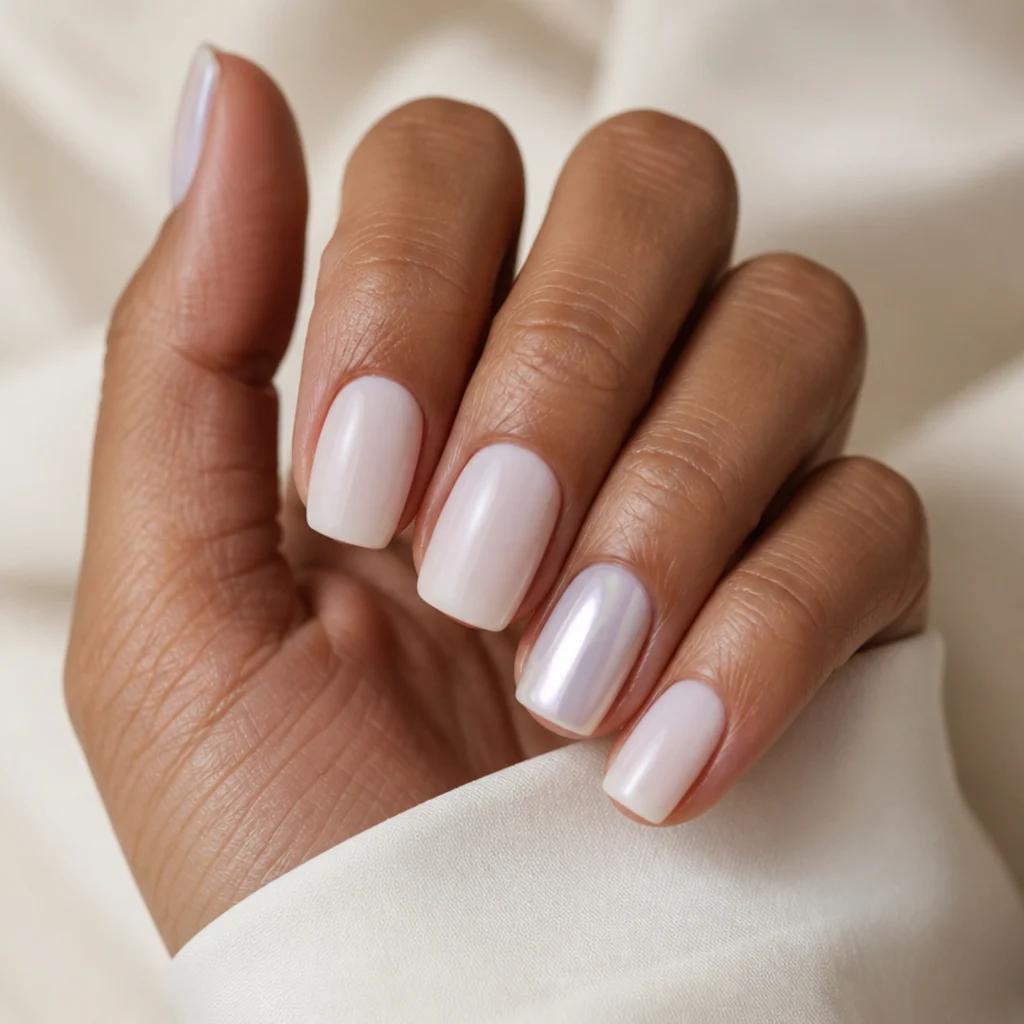 Squoval nails with a soft white blooming base and one chrome-kissed accent nail catching the light on ivory