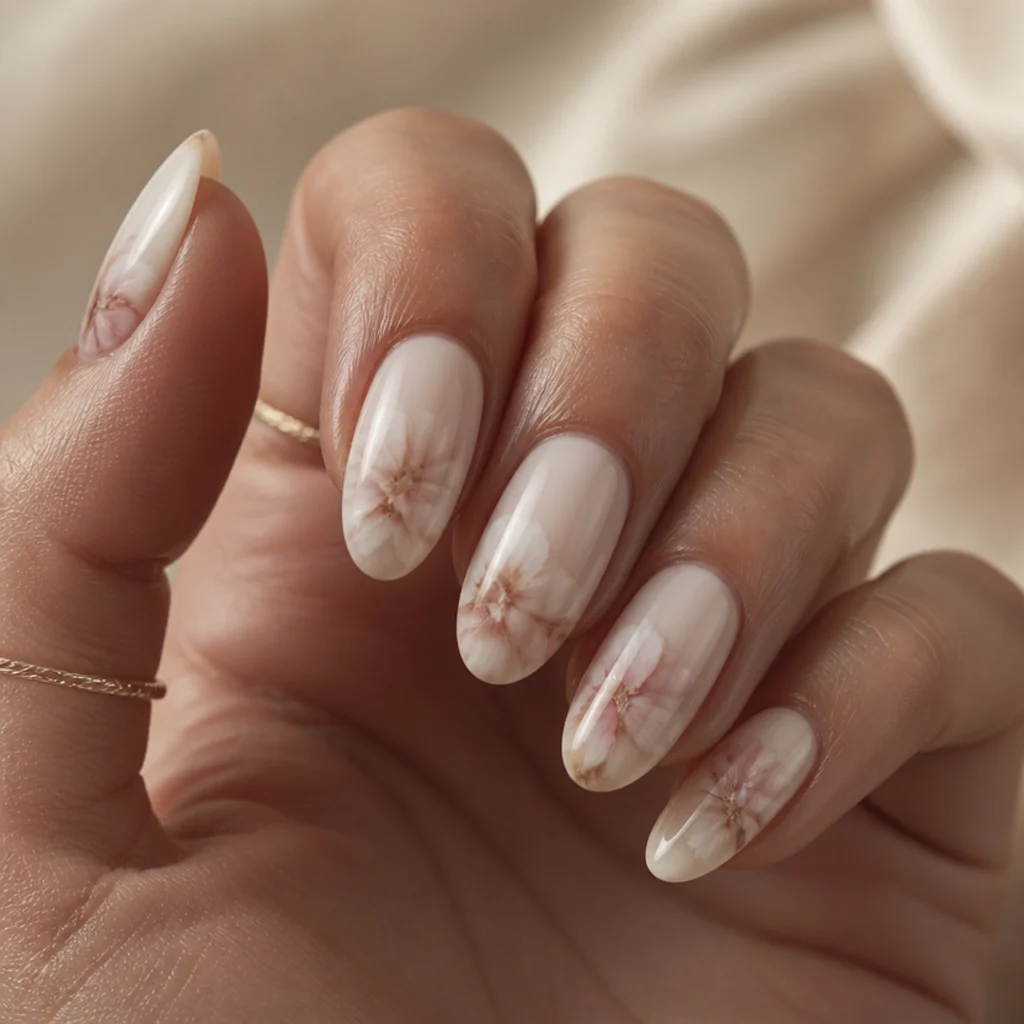Close editorial macro of almond nails with white blooming gel spreading into soft watercolor florals on a warm ivory background