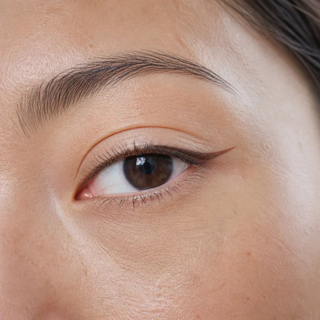 Close-up of a single thin lifted eyeliner wing drawn up from the outer corner, side-lit