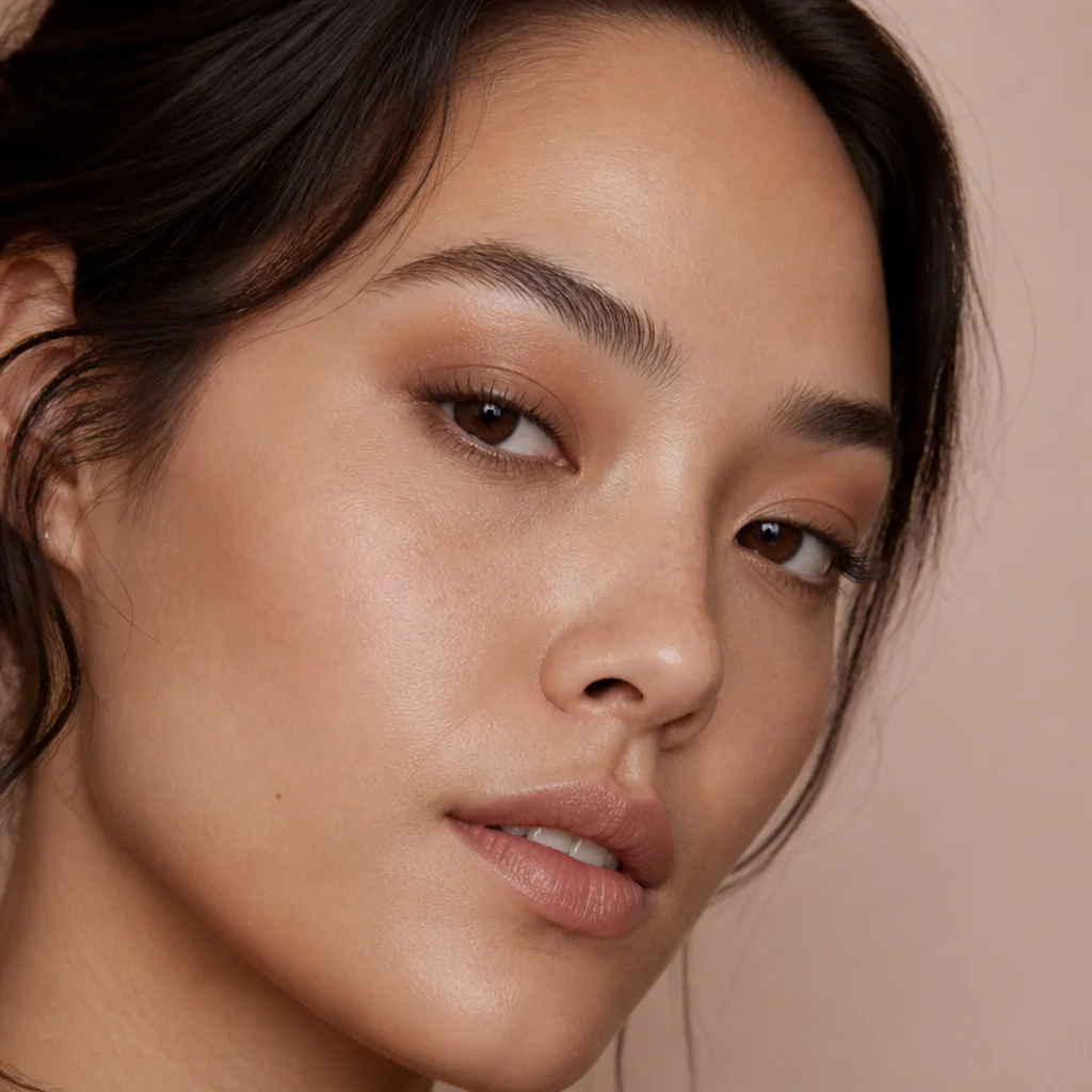 Soft diffused taupe shadow lifted at the outer corner for an everyday foxy eye, three-quarter view