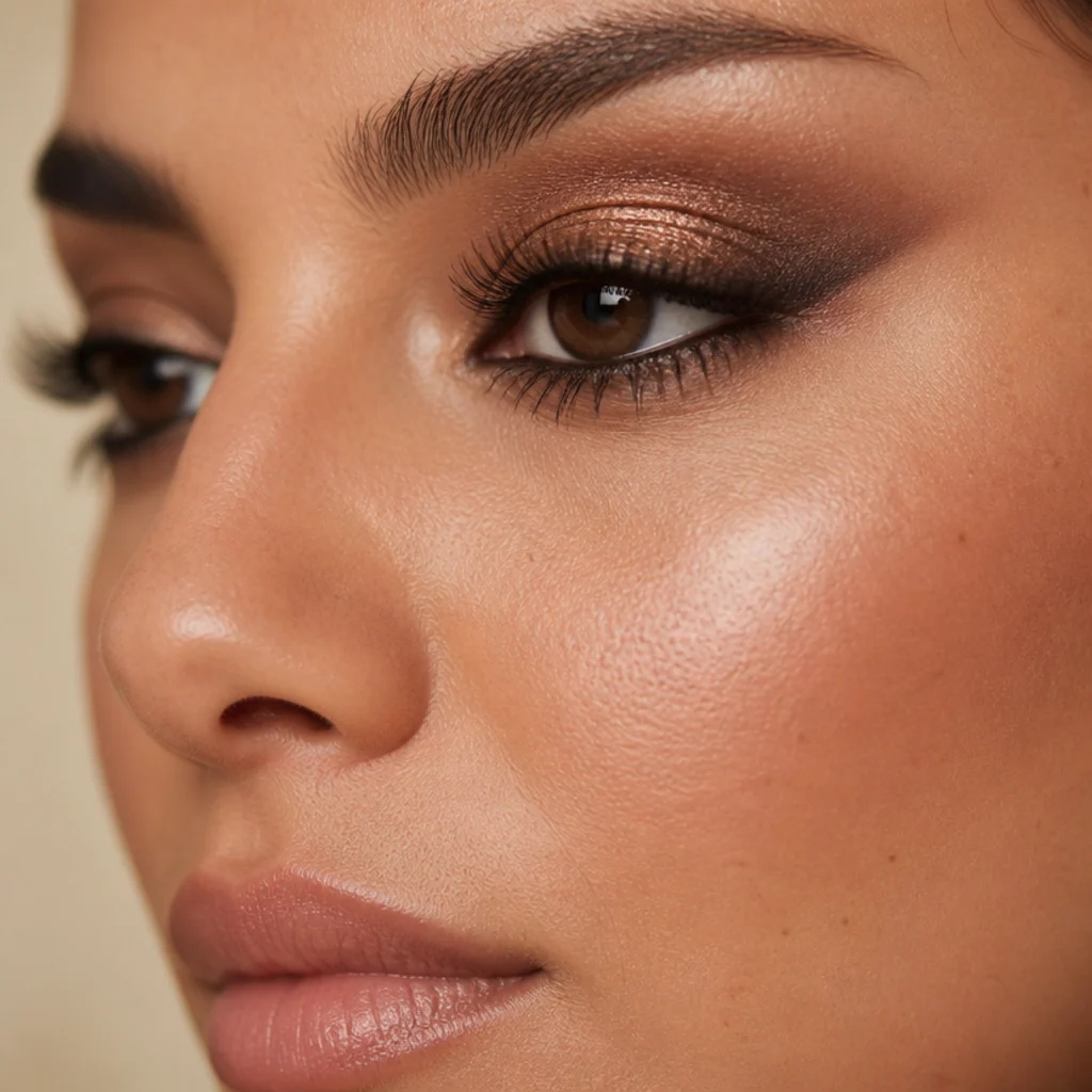 Smoky bronze foxy eye with deepened matte brown outer corner, side angle