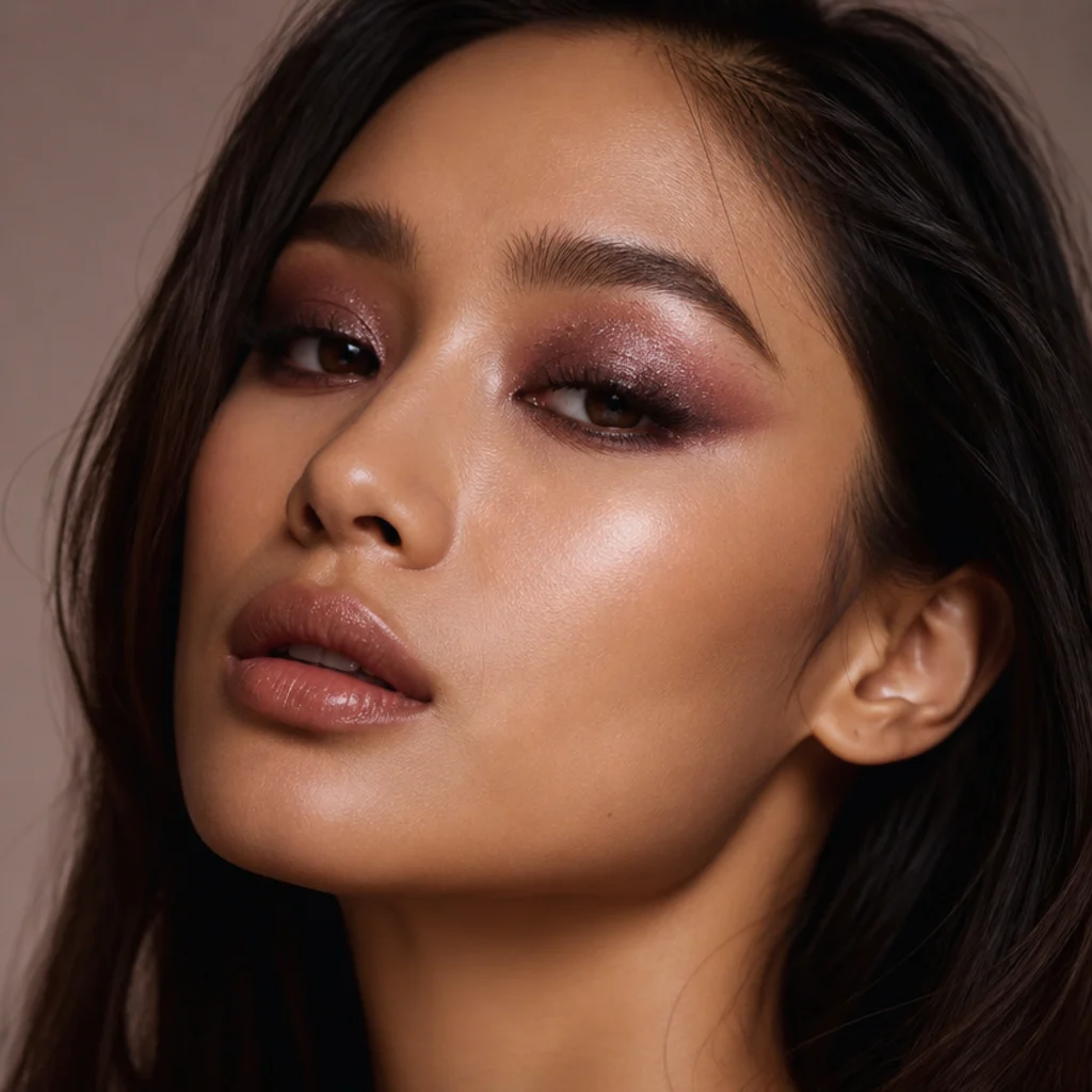 Glitter foxy eye with fine sparkle pressed onto the outer third over a plum base, three-quarter view