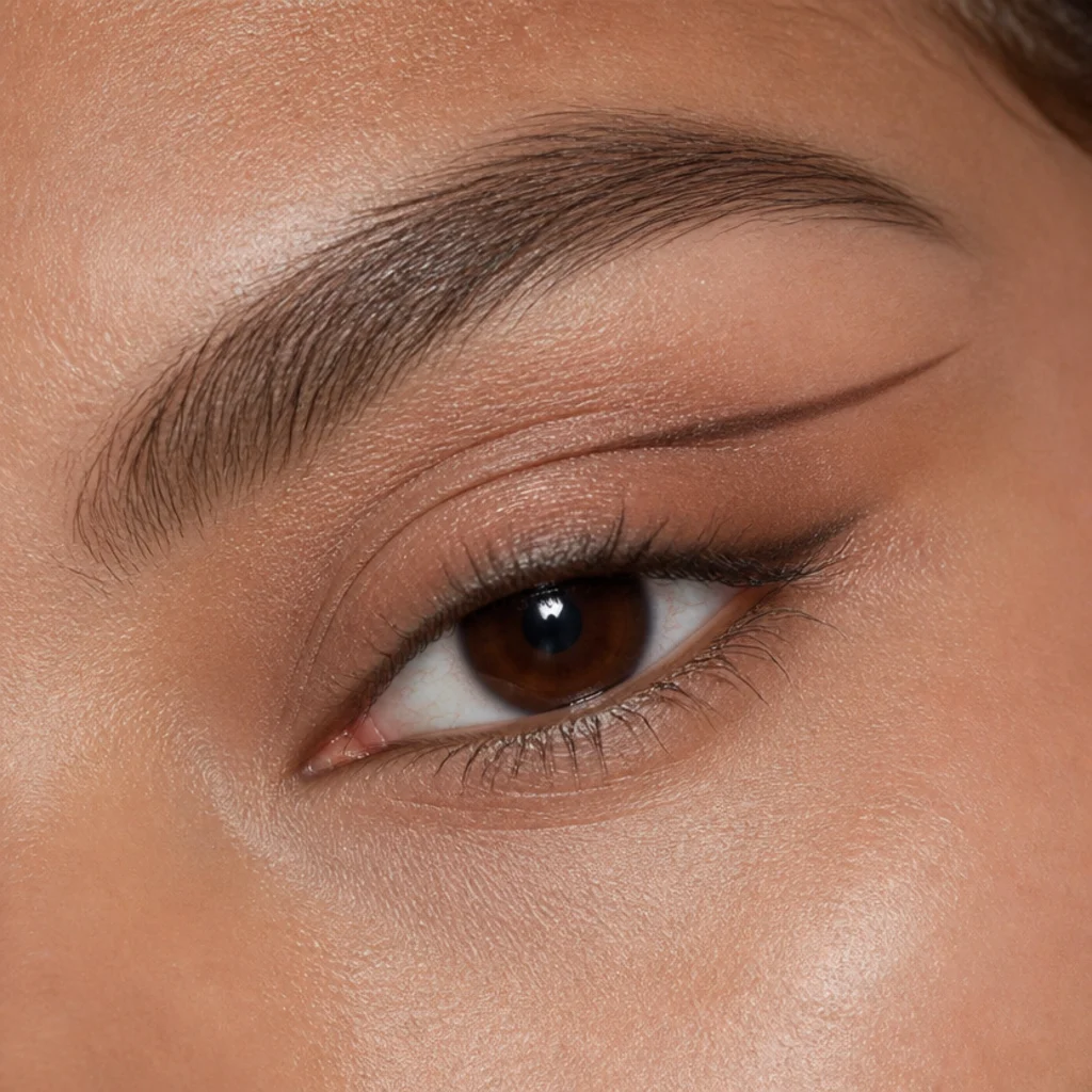 Foxy eyeliner drawn above the crease on a hooded eye, eye open, front angle