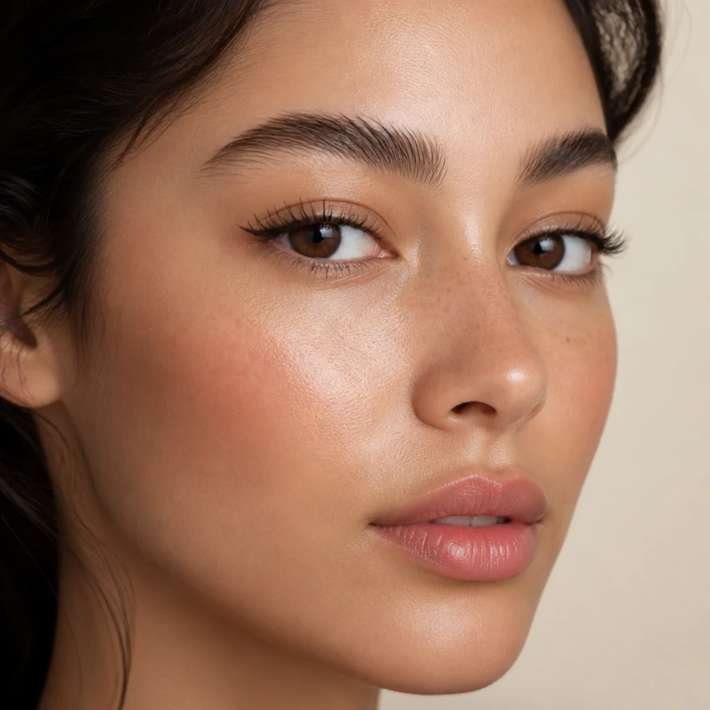 Big foxy eyes with clean neutral lid and outer lashes fanned up and out, three-quarter view