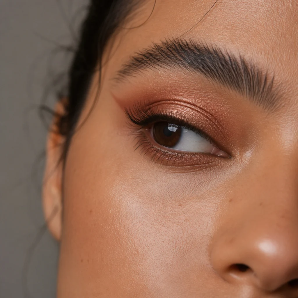 Warm terracotta foxy eye blended through the crease with gold shimmer center, side angle