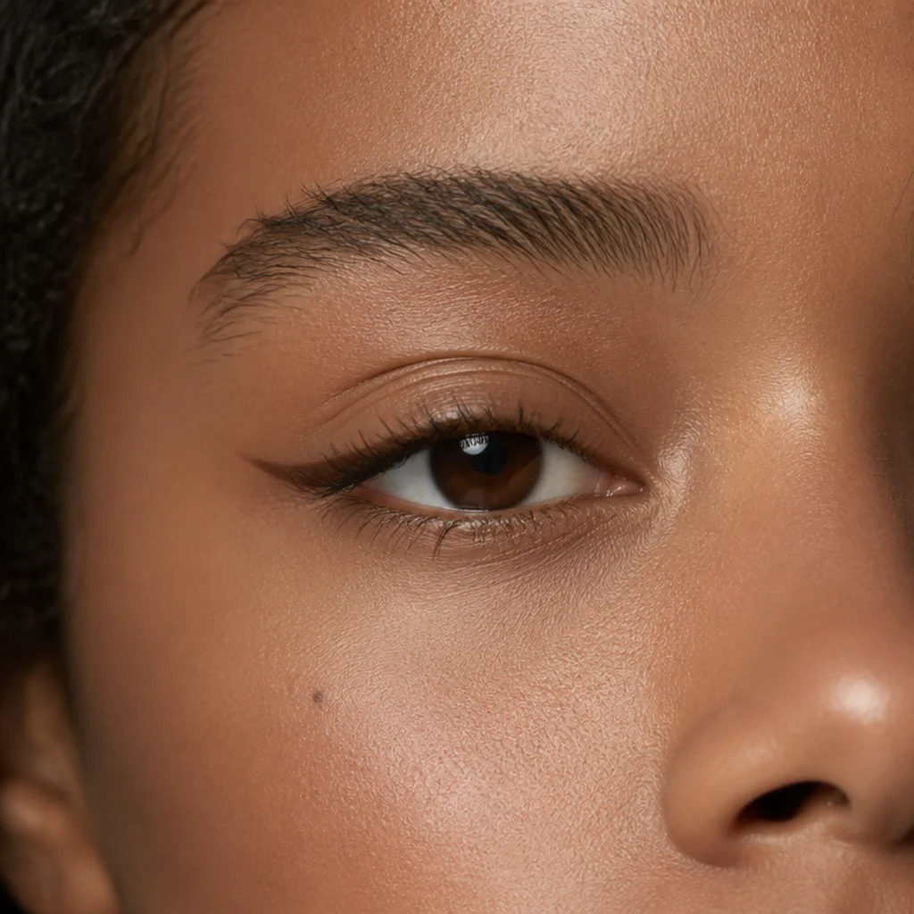 Minimal brown tightline with a whisper of lifted liner at the outer corner, macro