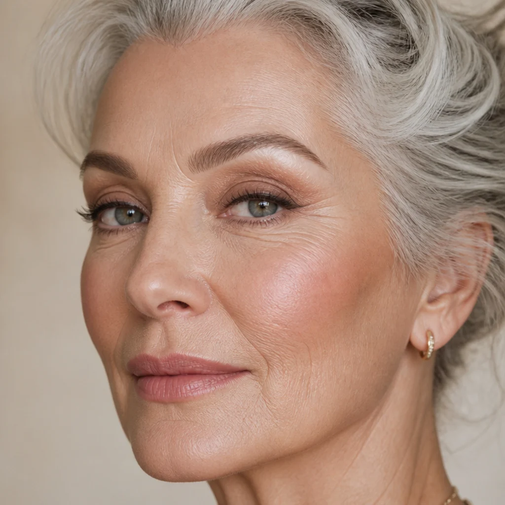 Faux-lift foxy look with brushed-up brow tail and concealer-carved arch, three-quarter view