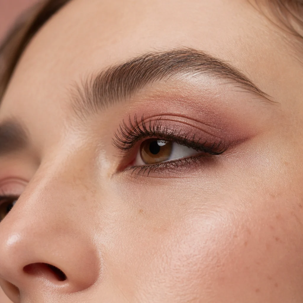 Rosy mauve shadow lifted at the outer corner on a soft romantic eye, side angle