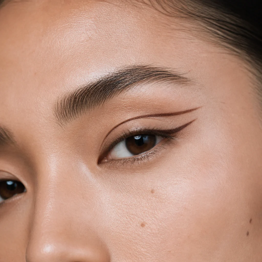 Graphic floating foxy line drawn above the crease with a clean gap of skin below, front angle