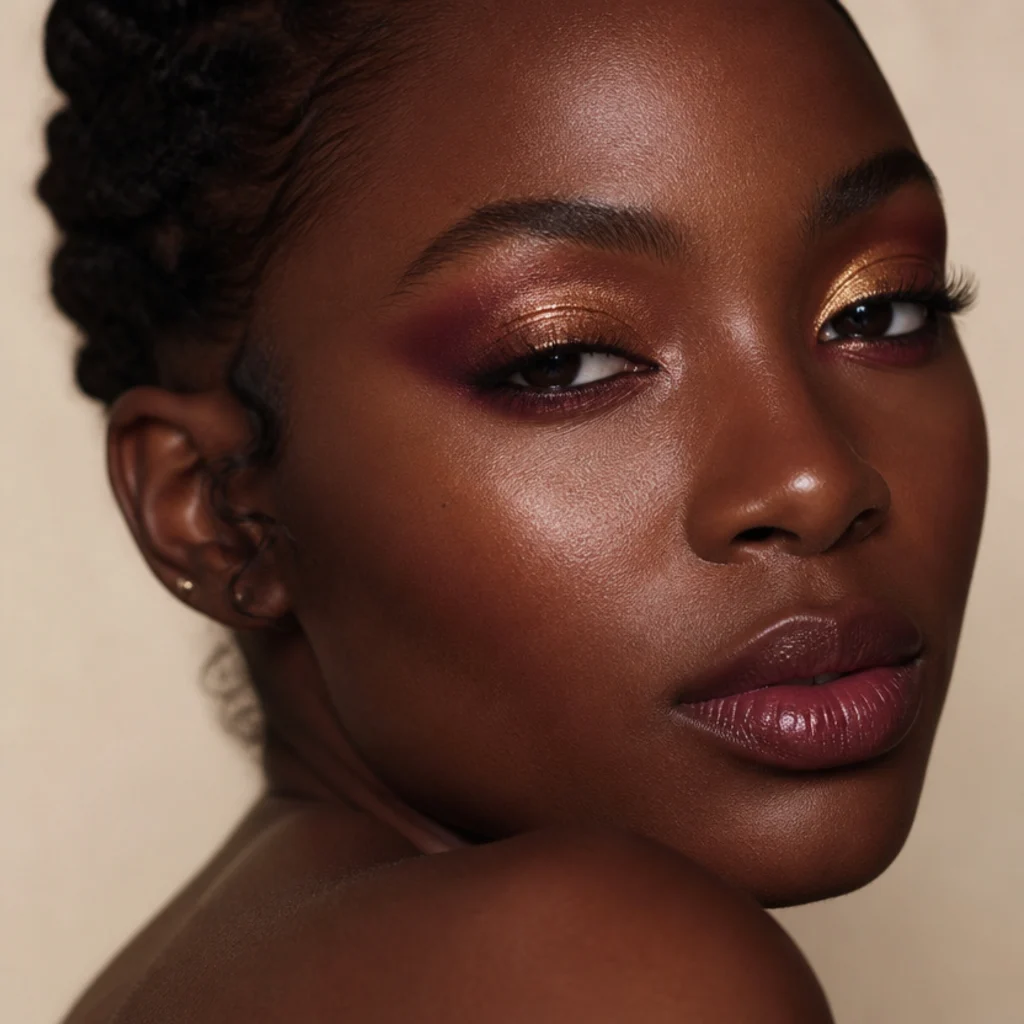 Foxy eye on deep skin with rich copper and deep berry pigment lifted at the outer corner, three-quarter view