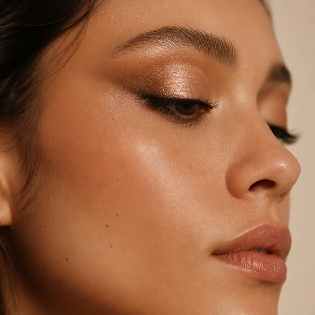 Golden-hour champagne foxy eye with pale shimmer center and warm brown outer lift, side angle
