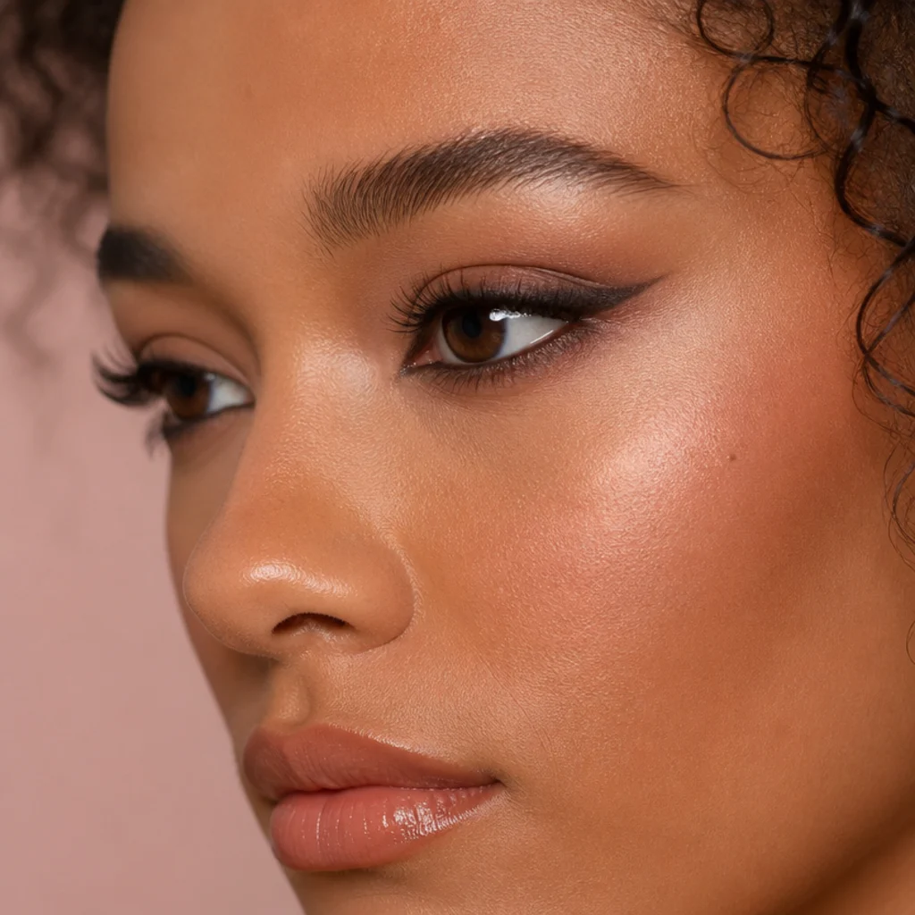 Blend of foxy and siren shaping with upward top liner and soft lower outer smudge, side angle