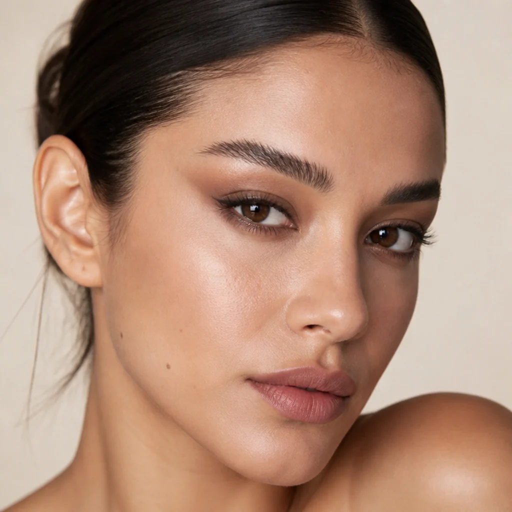 Model with lifted foxy eyes makeup and a soft taupe-to-bronze wing, three-quarter angle