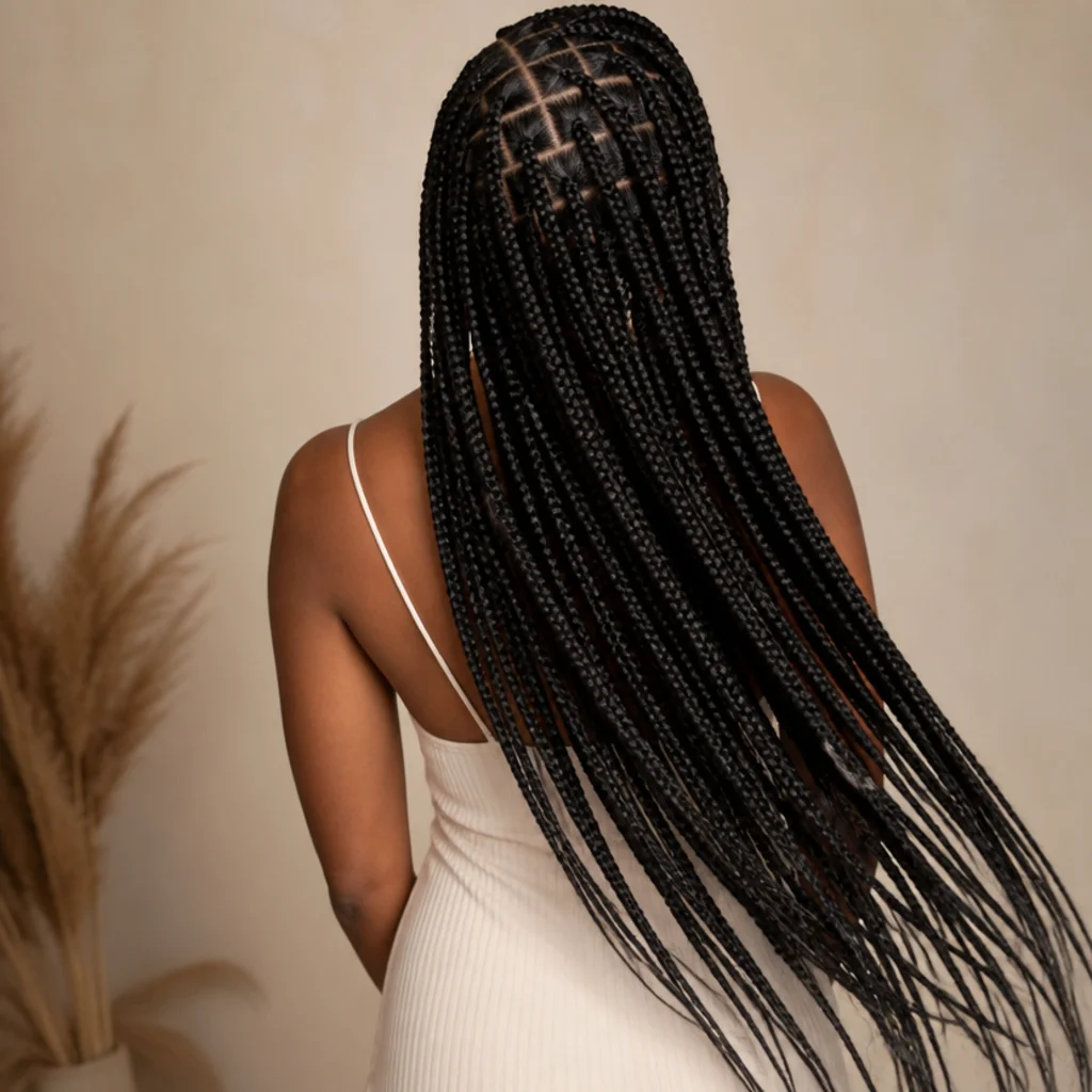 Waist-length jet-black jumbo knotless box braids on a Black woman photographed from the back with clean square parts and a tension-free root