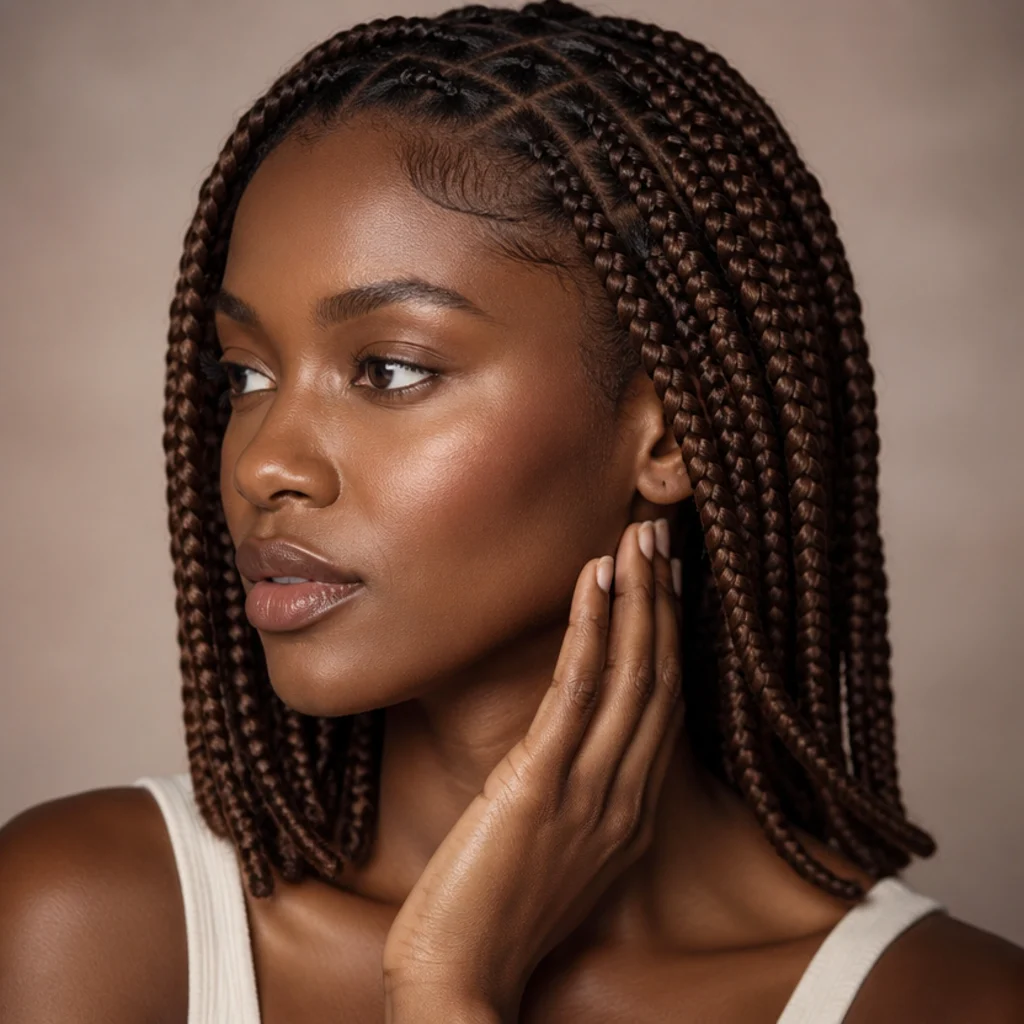 Shoulder-length medium jumbo knotless box braids on a Black woman in three-quarter profile with a warm brown tone and even sections