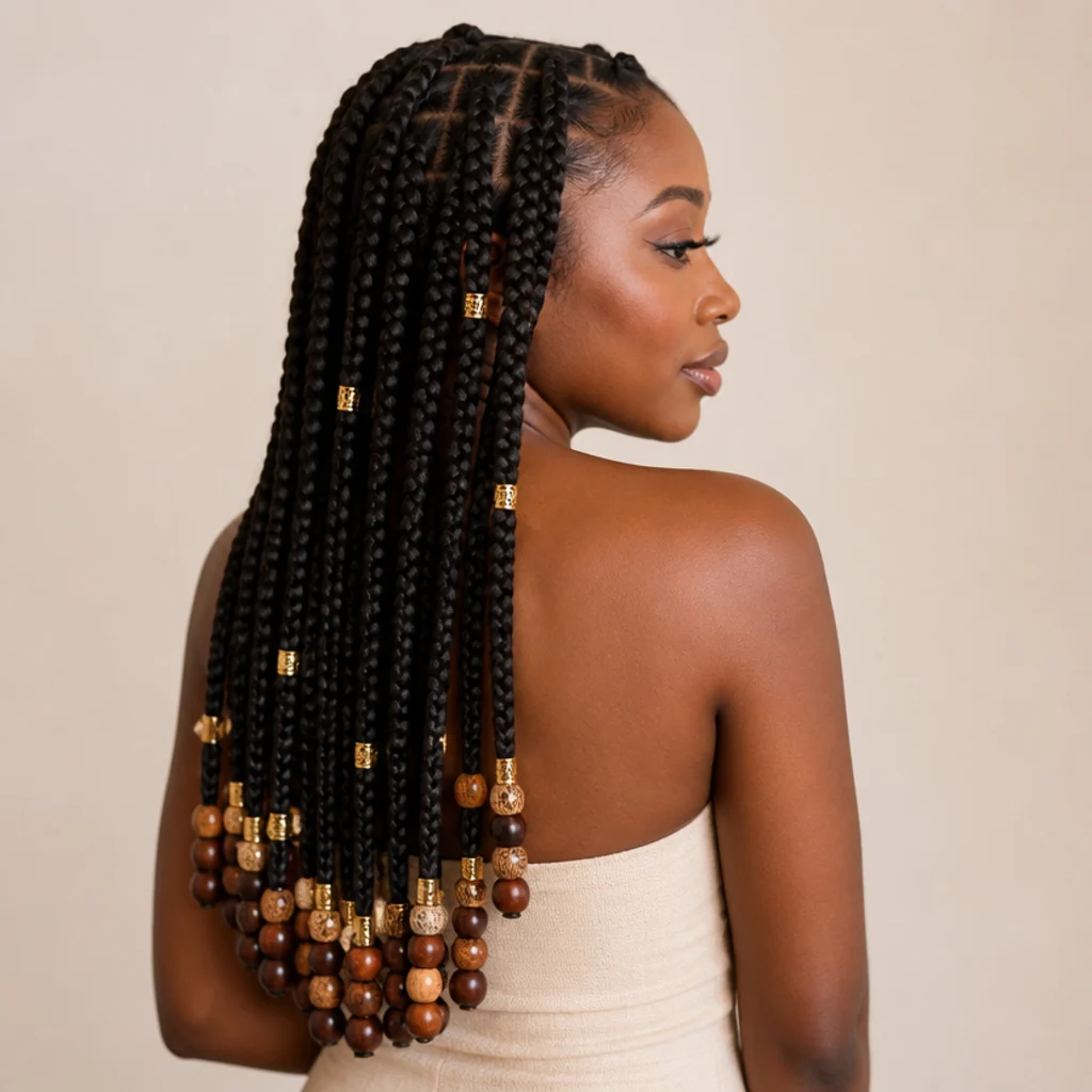Jumbo box braids with beads and gold cuffs at the ends on a Black woman shown from a three-quarter back angle, beads clustered on the lower third